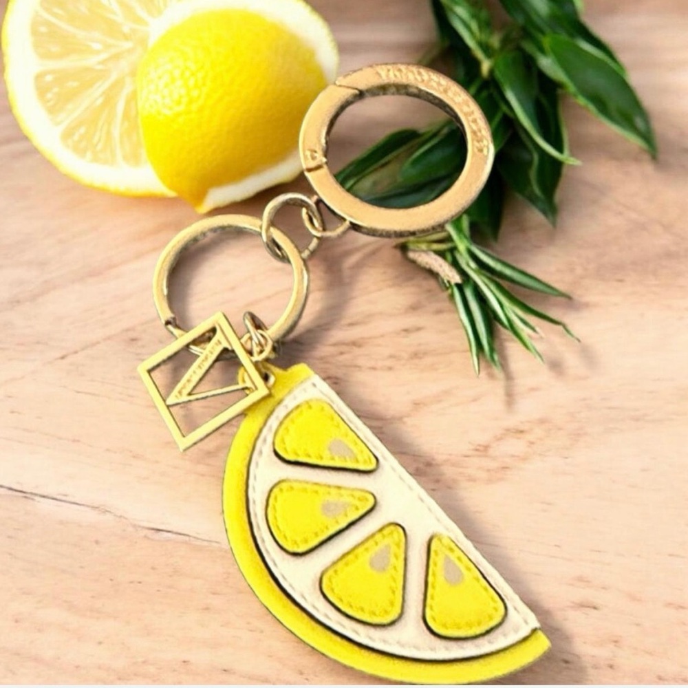 VICTORIAS SECRET KEYCHAIN BAG CHARM GOLD MONOGRAM LOGO KEY RING LEMON NWOT